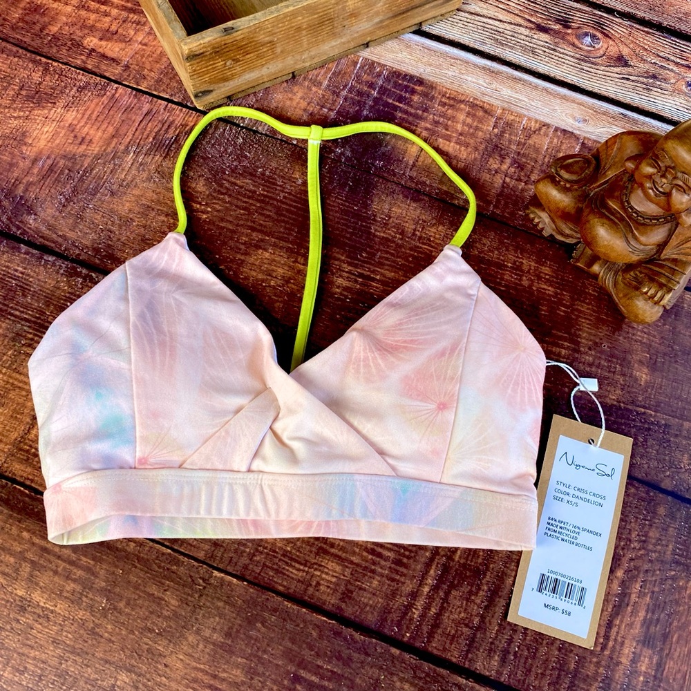 ✨ NIYAMA SOL VINTAGE DANDELION CRISS CROSS SPORTS BRA YOGA TOP XS NWT